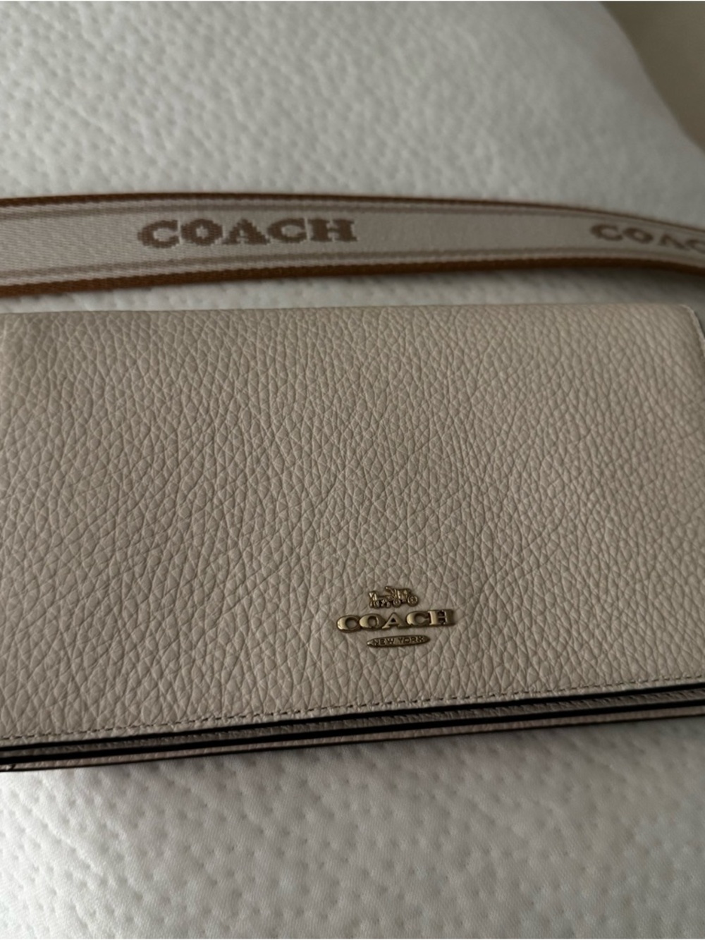 Coach Pebbled Leather Crossbody Wallet – Cream colored with Canvas strap